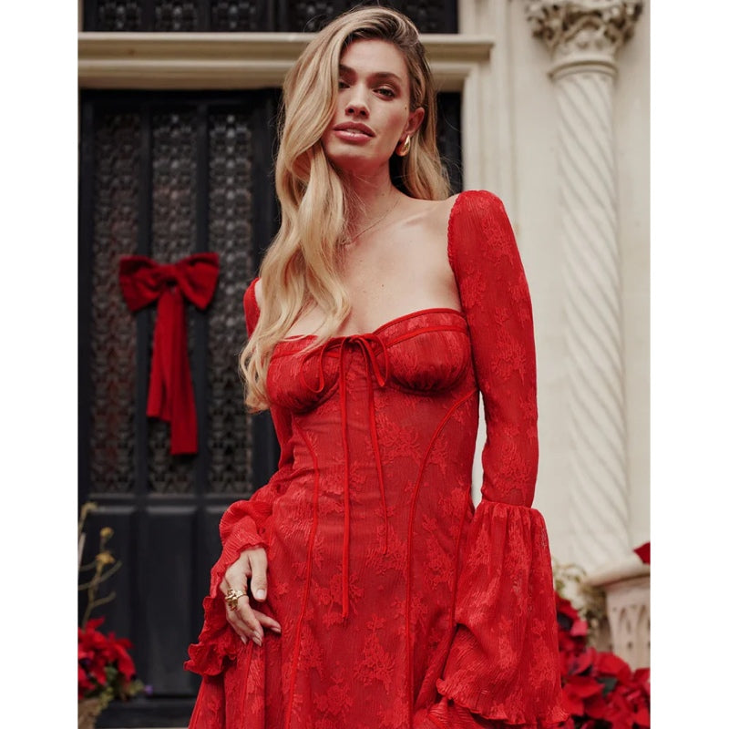 lace flare sleeve mini dress, view 7 - MRSLM