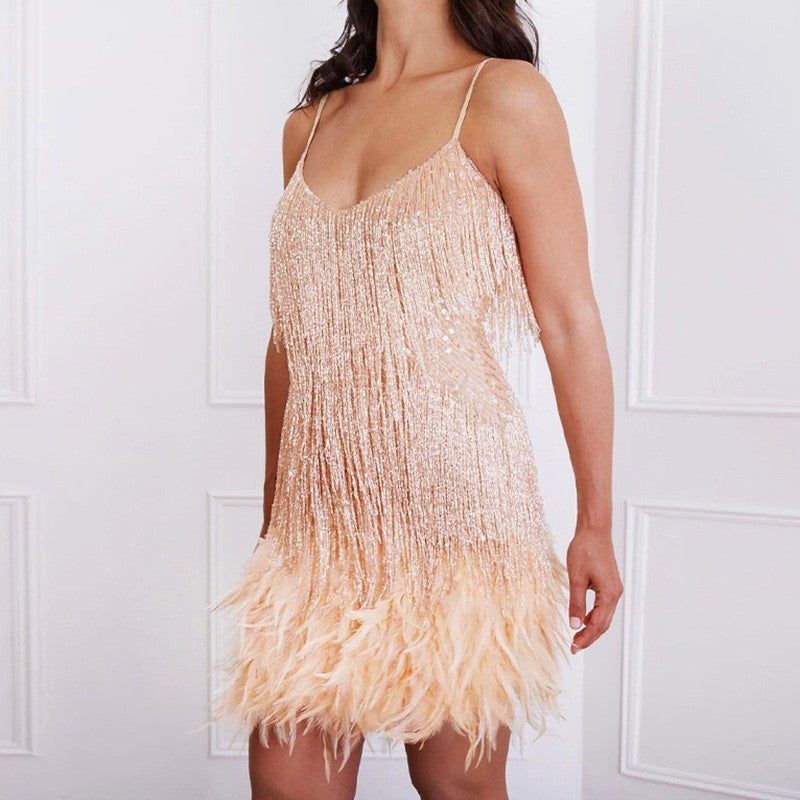 sequin tassel feather mini dress, view 6 - MRSLM