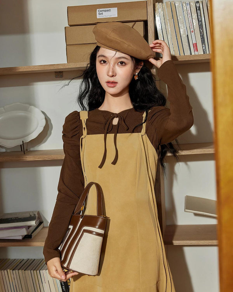 PU leather strap a-line sleeveless dress, view 4 - MRSLM