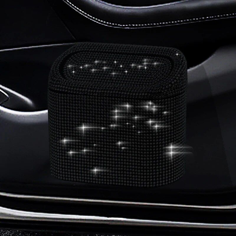 Luxurious Rhinestone Car Trash Bin - Pressing Type Square Storage Bucket