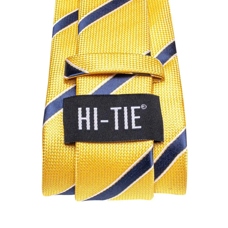 Yellow and blue striped silk necktie set, view 6 - MRSLM