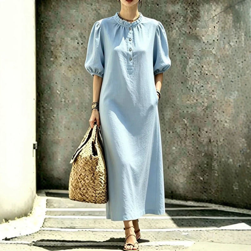 Women's puff sleeve stand collar straight dress - MRSLM