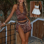 Lace halter deep V-neck top and split skirt set - MRSLM
