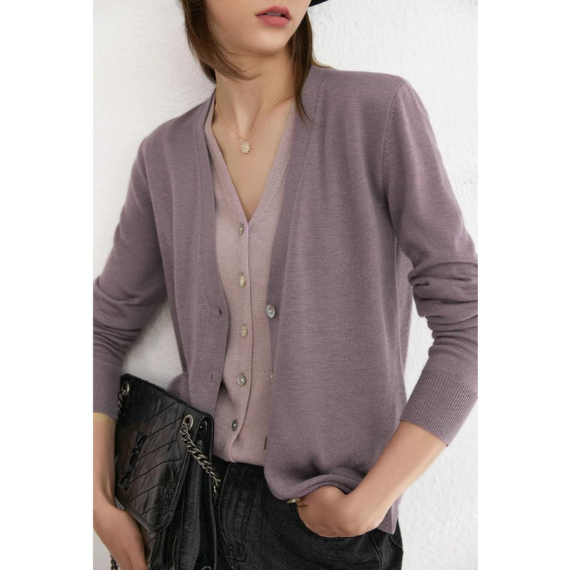 minimalist v-neck wool blend cardigan, view 3 - MRSLM