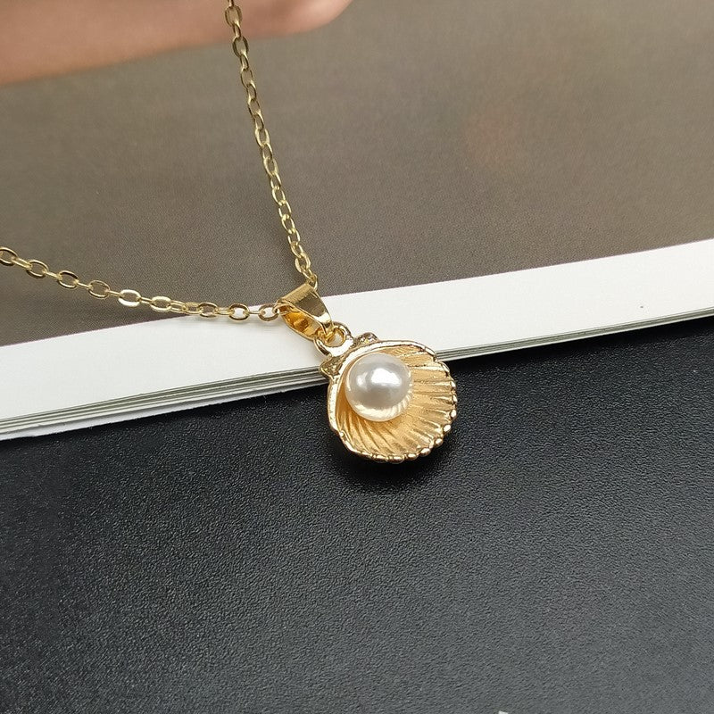 shell and imitation pearl pendant necklace, view 3 - MRSLM