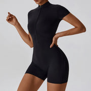 short sleeve zipper yoga bodysuit, view 5 - MRSLM