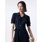 navy dress with lace-up waistband, view 4 - MRSLM