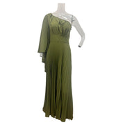 Olive off-shoulder pleated high waist dress, view 5 - MRSLM