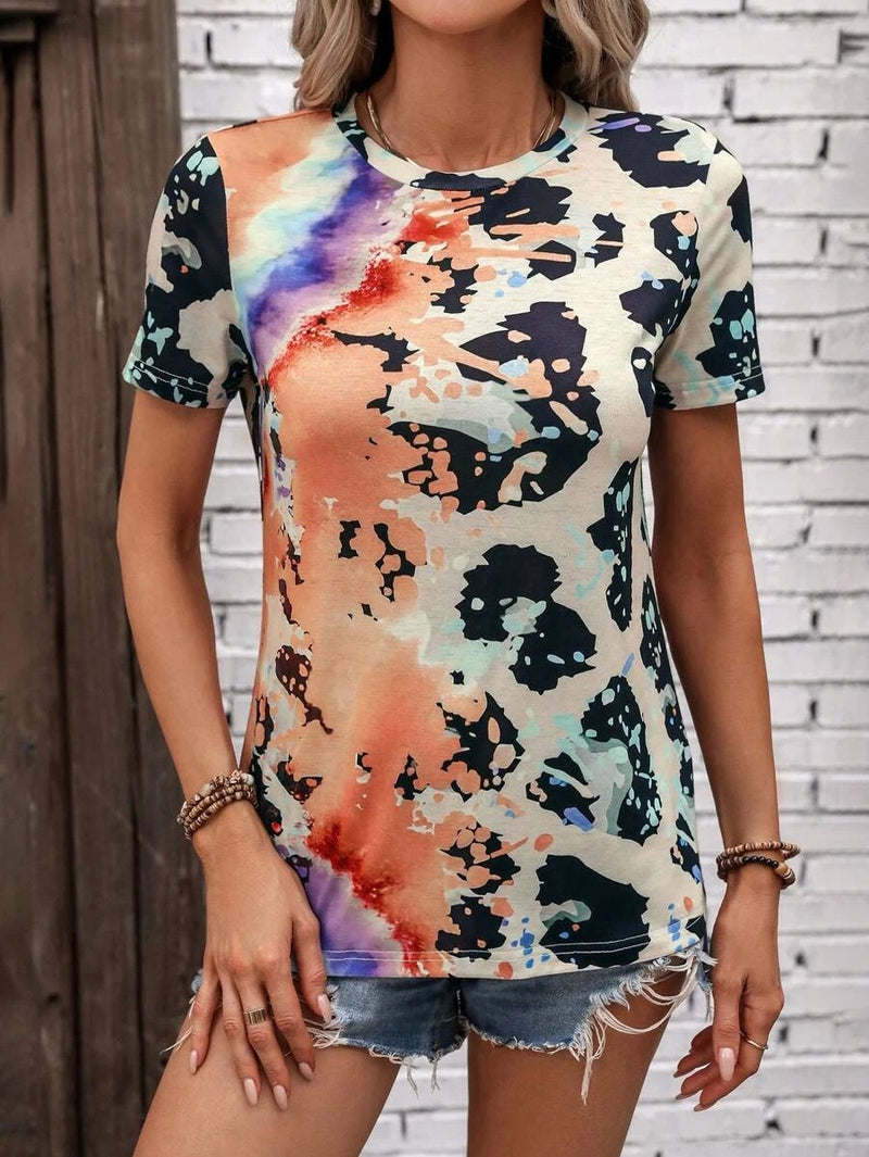 women's painted print slim short sleeve t-shirt, view 9 - MRSLM