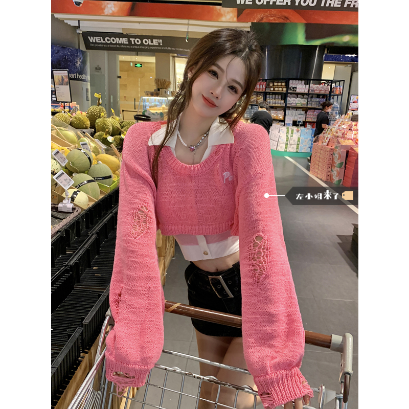 women's short hollow knit sweater, view 4 - MRSLM