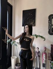 black knitted tube top with metal hollow detail, view 10 - MRSLM