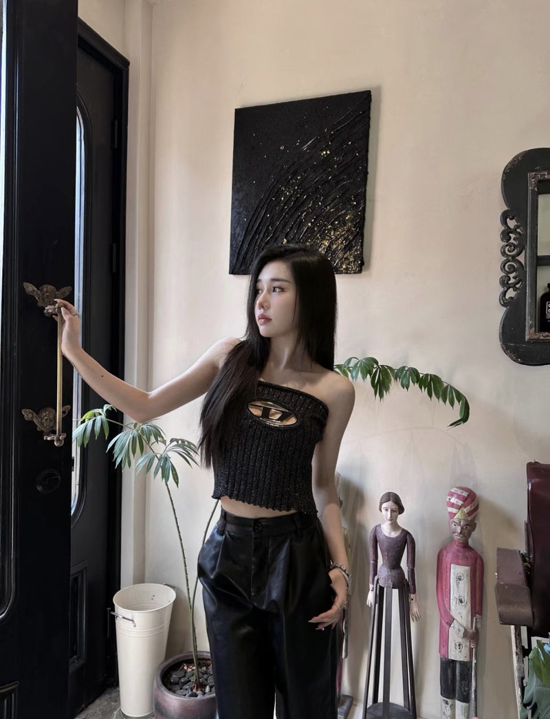 black knitted tube top with metal hollow detail, view 10 - MRSLM
