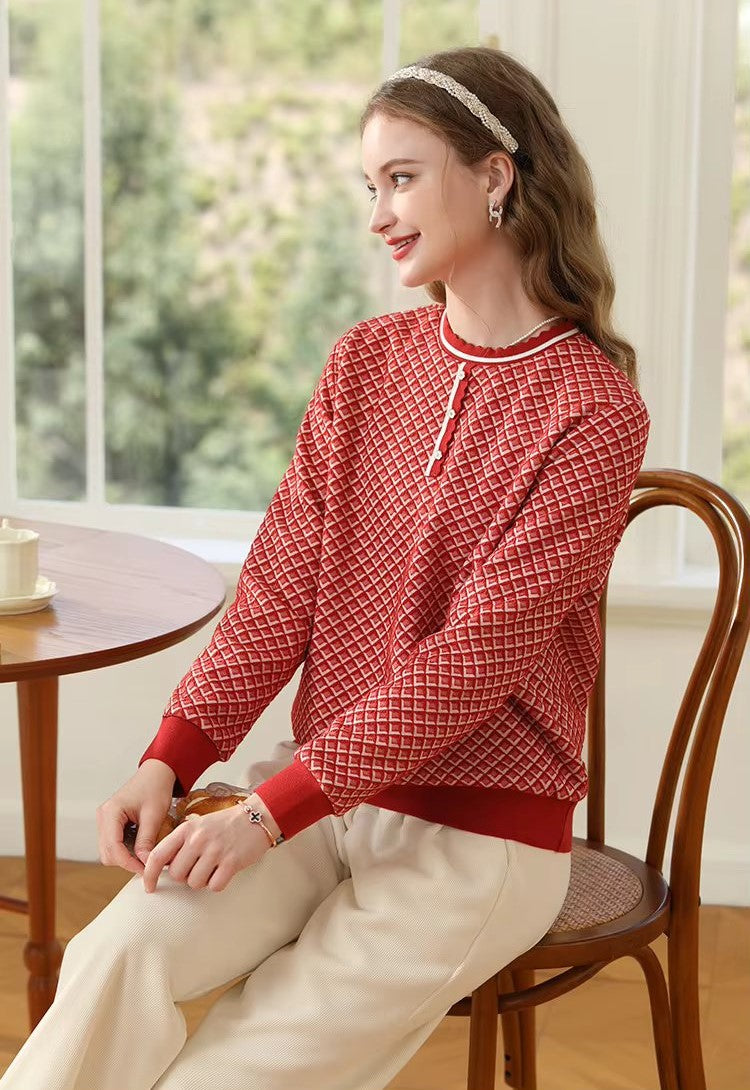 women's plaid knit ribbed sweatshirt, view 7 - MRSLM