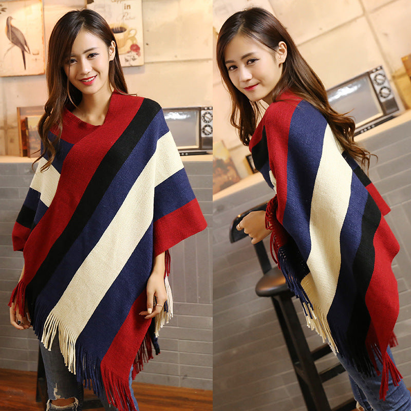 striped knit cape shawl, view 4 - MRSLM