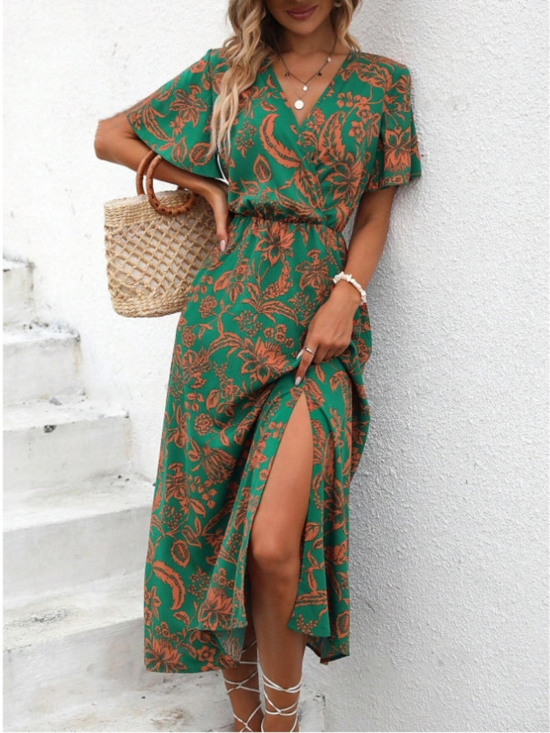 tropical print V-neck split dress, view 7 - MRSLM