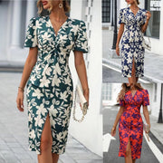 women's printed V-neck dress, view 2 - MRSLM