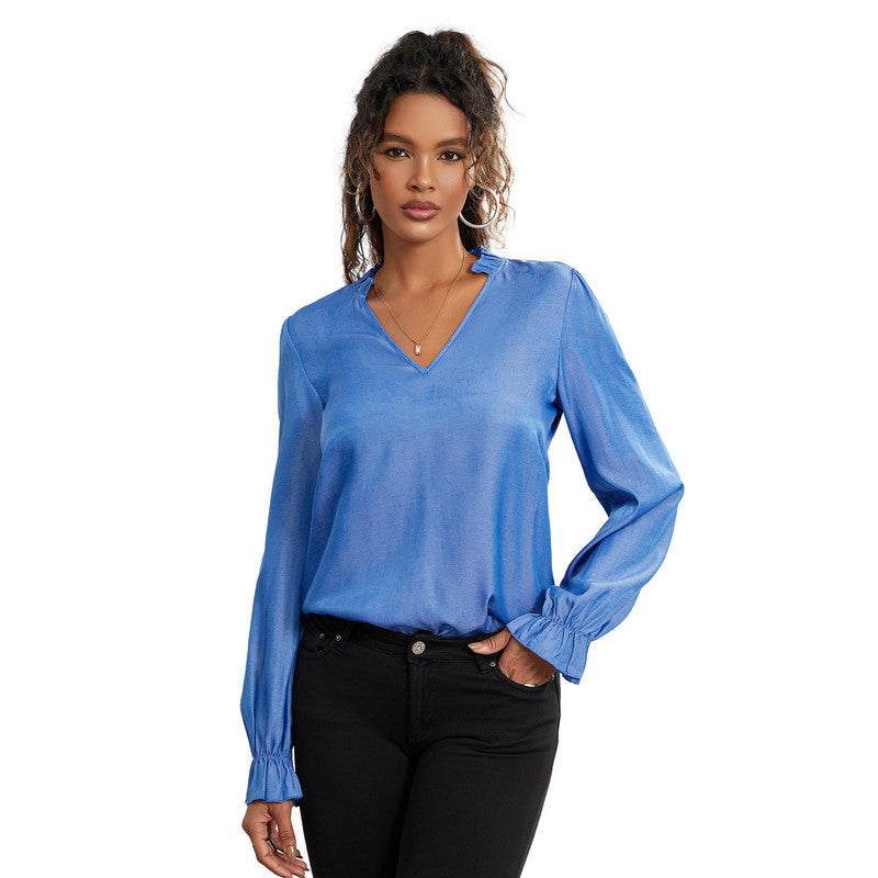v neck long sleeve frill top, view 2 - MRSLM
