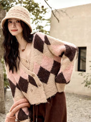 women's plaid v-neck cardigan sweater, view 7 - MRSLM