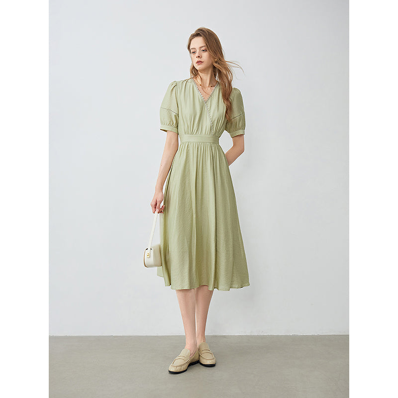 lace V-neck bubble sleeve dress, view 5 - MRSLM