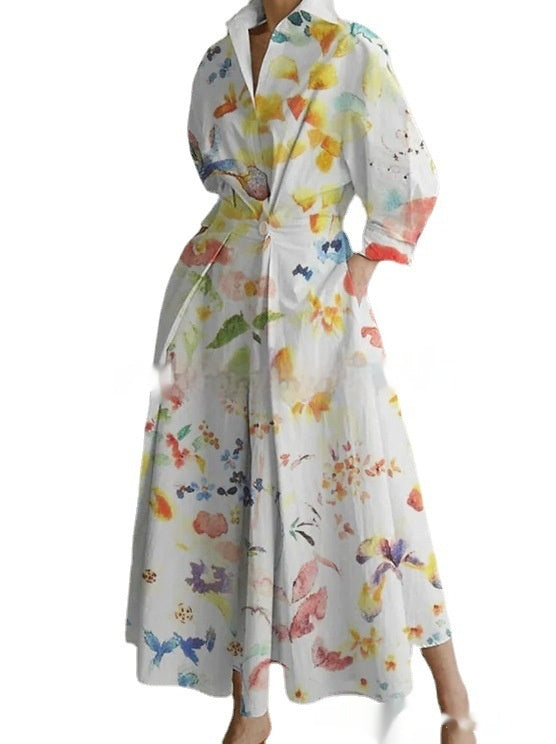 stand-up collar printed mid-length dress, view 5 - MRSLM