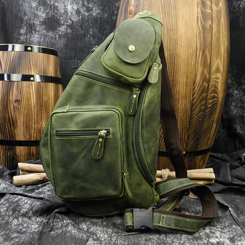 Retro men's crazy horse leather chest bag, view 8 - MRSLM