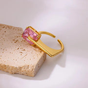 pink square zircon gold-plated ring, view 3 - MRSLM