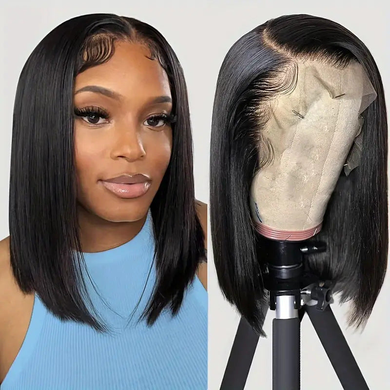 Short Bob Lace Front Wig, Black Straight Full-Head Wig