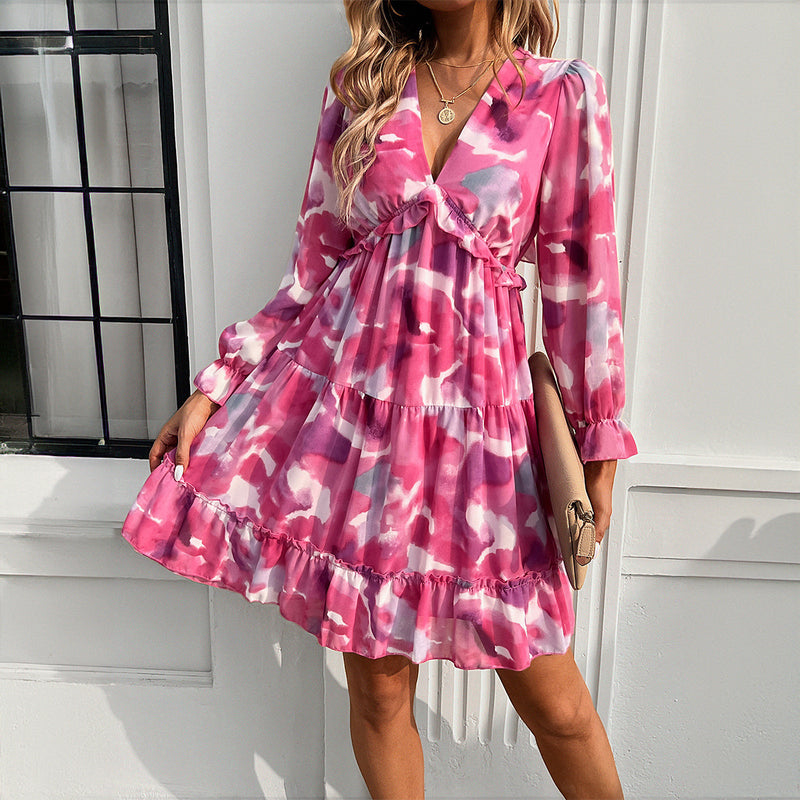 printed V-neck long-sleeve vacation dress, view 6 - MRSLM