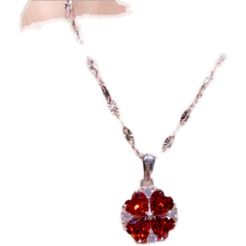 silver red zircon lucky grass collar chain, view 2 - MRSLM