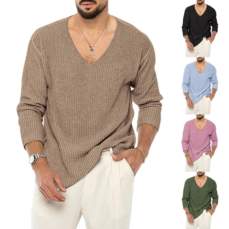 V-neck Sweater Men's Solid Color Long Sleeve Fashionable Knitted Sweater