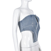 washed denim zipper tube top, view 4 - MRSLM