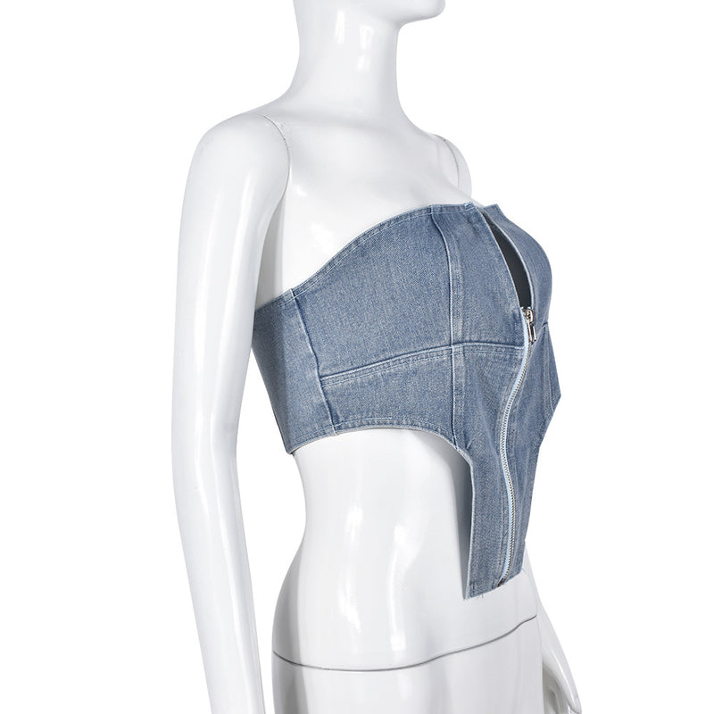 washed denim zipper tube top, view 4 - MRSLM
