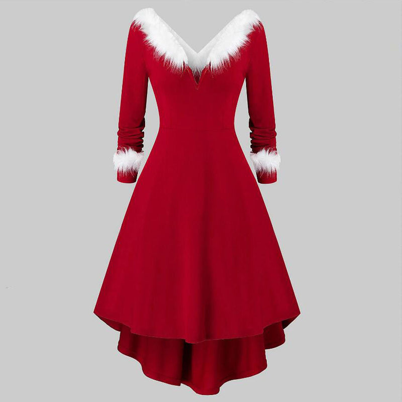 christmas plaid v-neck dress, view 7 - MRSLM