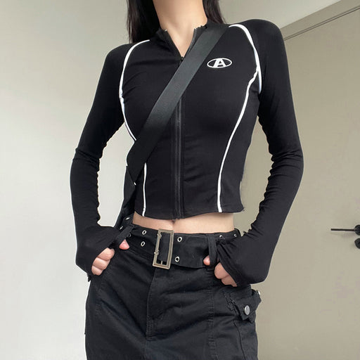 letter embroidery zipper slim fit cardigan top - MRSLM