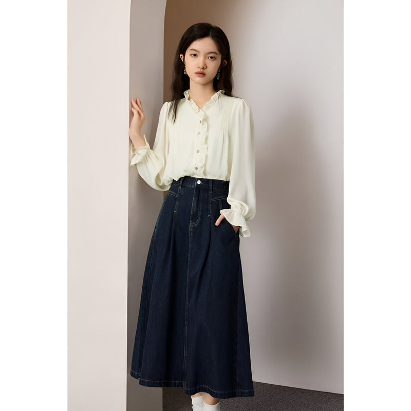 Cotton High Waist A-Line Retro Denim Skirt for Women