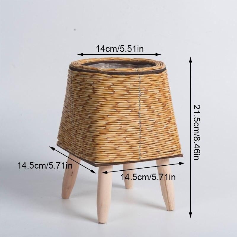 nordic woven plant stand with wooden legs, view 3 - MRSLM