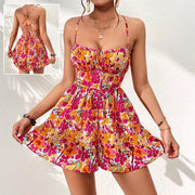 Women's floral print lace-up back short dress - MRSLM