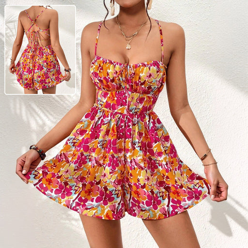 Women's floral print lace-up back short dress - MRSLM