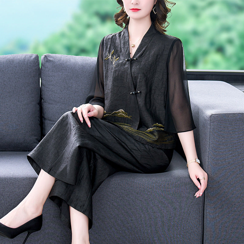 embroidered irregular top and wide-leg pants set, view 4 - MRSLM