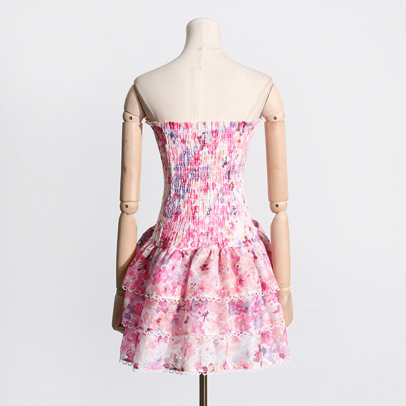 floral tube top ruffled beach dress, view 4 - MRSLM
