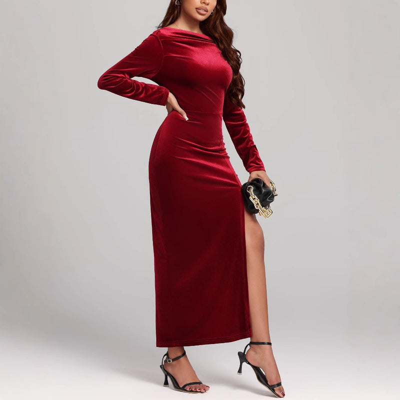 women's red velvet slit formal dress, view 4 - MRSLM