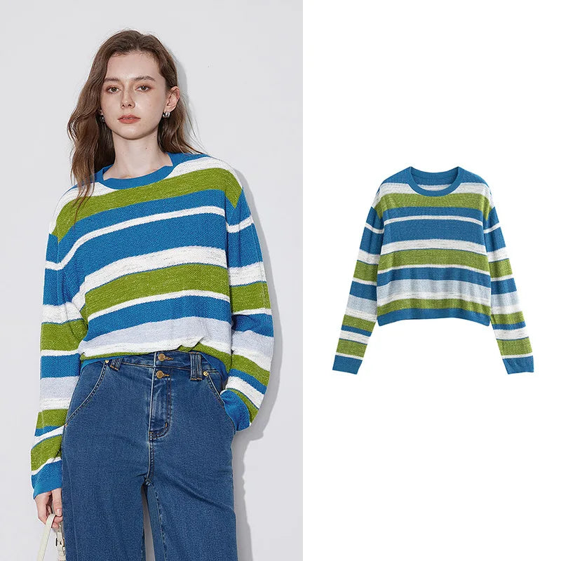 women's striped knitted sweater, view 2 - MRSLM