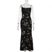 backless sling dress black gold floral, view 6 - MRSLM