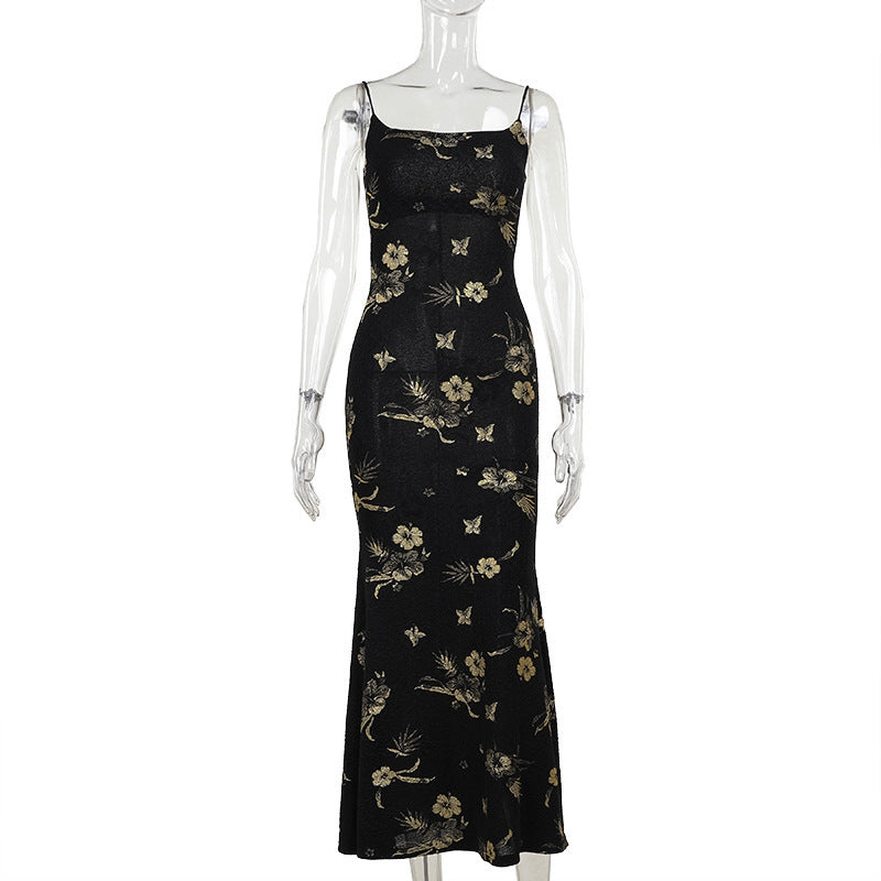 backless sling dress black gold floral, view 6 - MRSLM