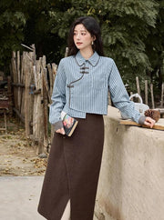 blue-grey striped patchwork blouse, view 8 - MRSLM