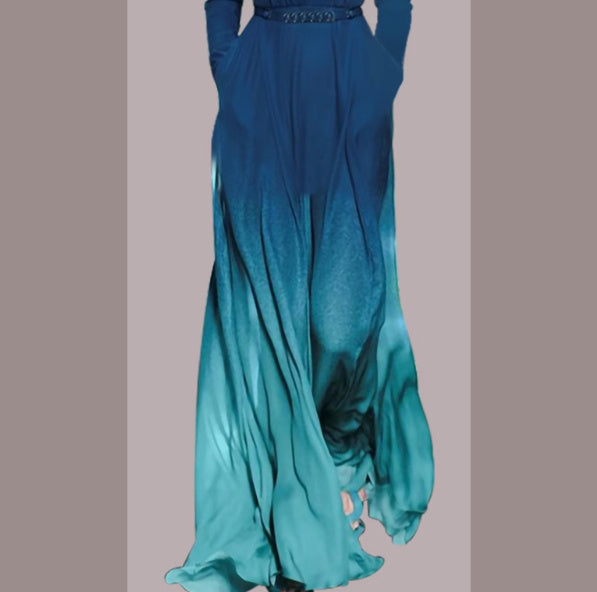 long sleeve v-neck gradient green dress with belt, view 8 - MRSLM