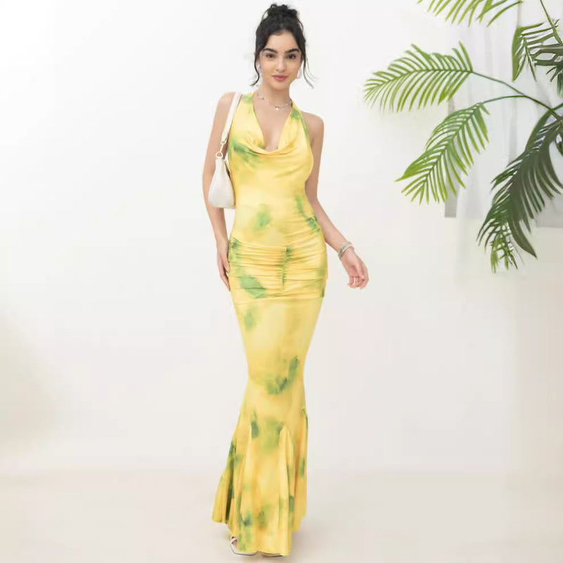 halter deep V printed long dress - MRSLM