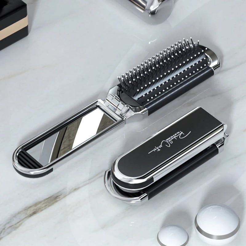 portable foldable hair brush with mirror, view 2 - MRSLM