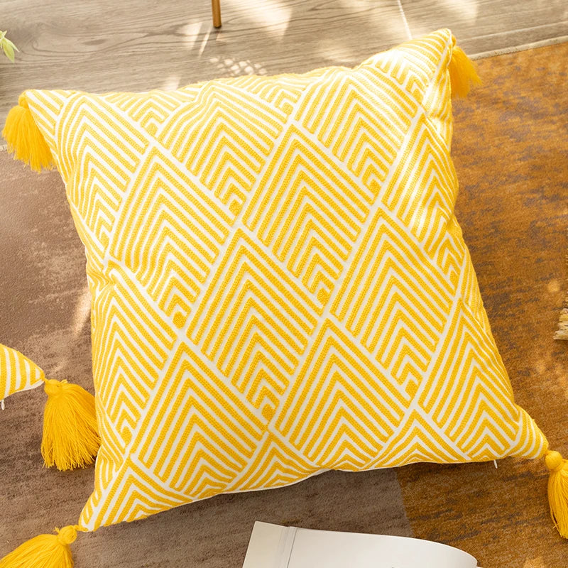 Yellow geometric embroidery cushion covers, view 8 - MRSLM