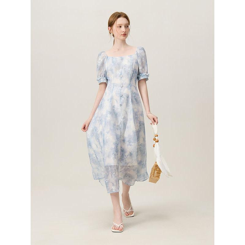 blue floral mid-calf dress, view 5 - MRSLM
